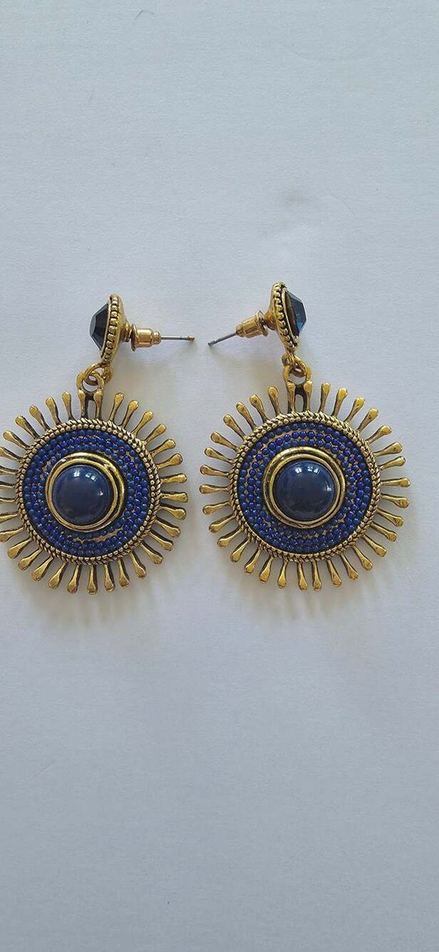 Vintage Style Antique Gold Tone Sunburst Dangle Earrings with Blue Cabochon and